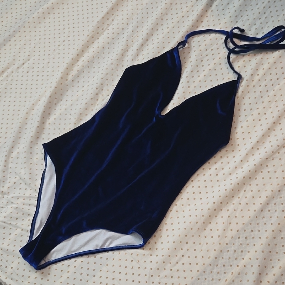 Sexy Deep V, Cheeky Blue Velvet Swimsuit- Never Worn